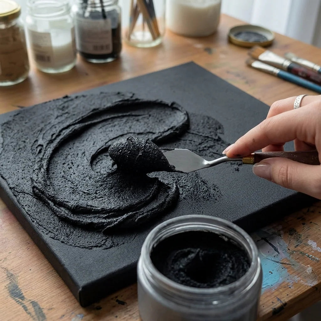 Applicazione della pasta nera Midnight con spatola su tela