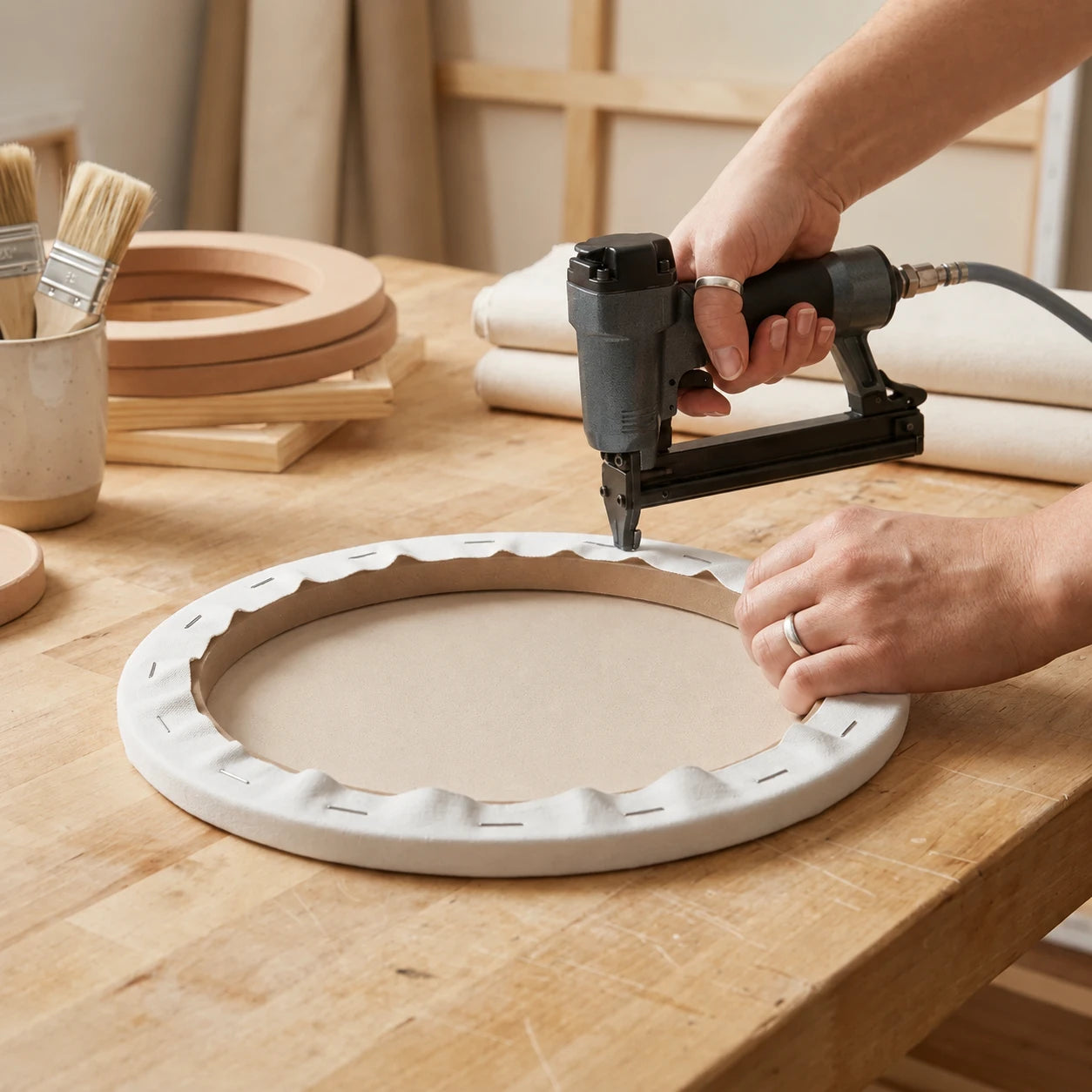 Tensionamento e fissaggio della tela rotonda sul telaio con graffatrice