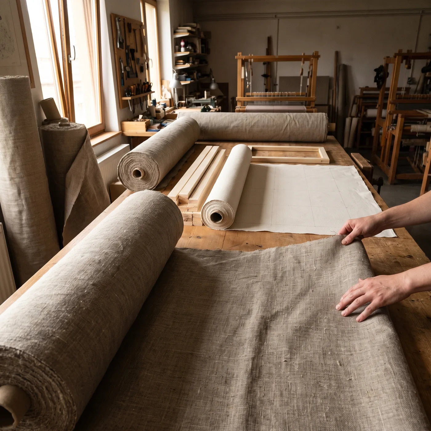 Rotoli di lino grezzo in laboratorio — materiale per le tele MUSEAL