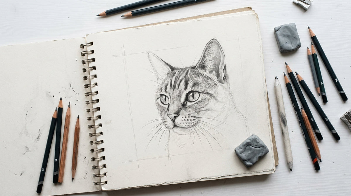 Sketchbook con disegno di gatto a matita in corso