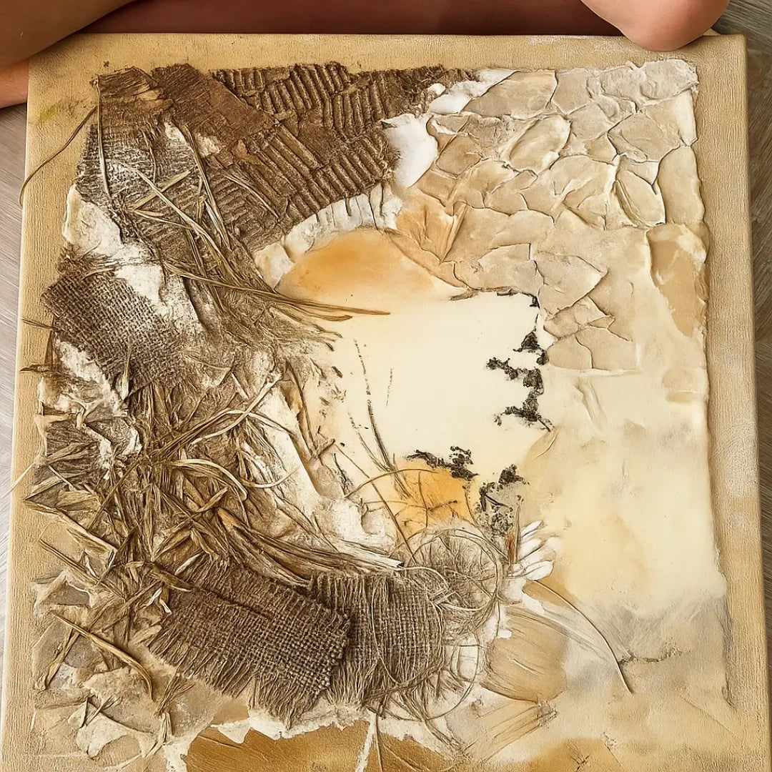 Künstlerische Collage und Assemblage auf einem Arbeitstisch mit verschiedenen Materialien