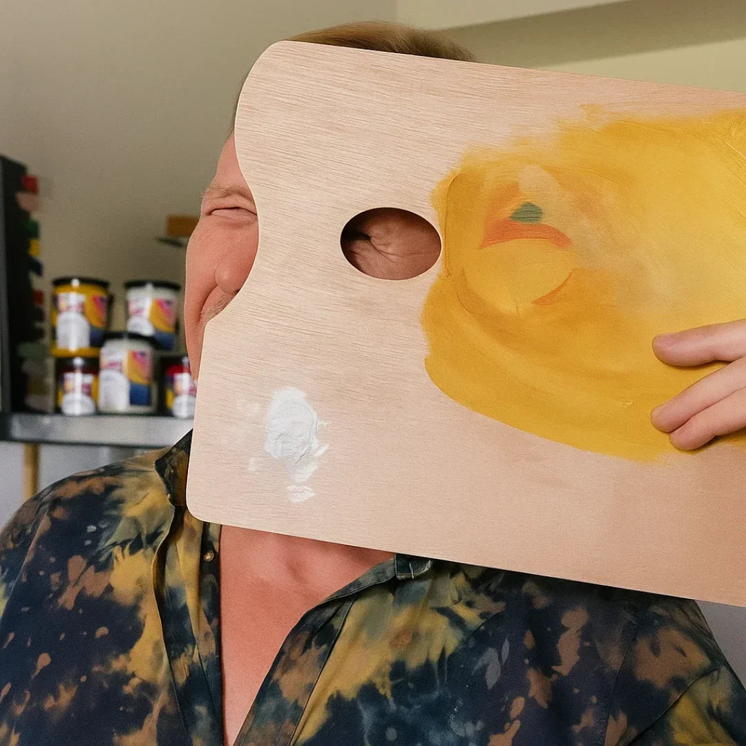 Künstler hält eine Holz-Malpalette in der Hand