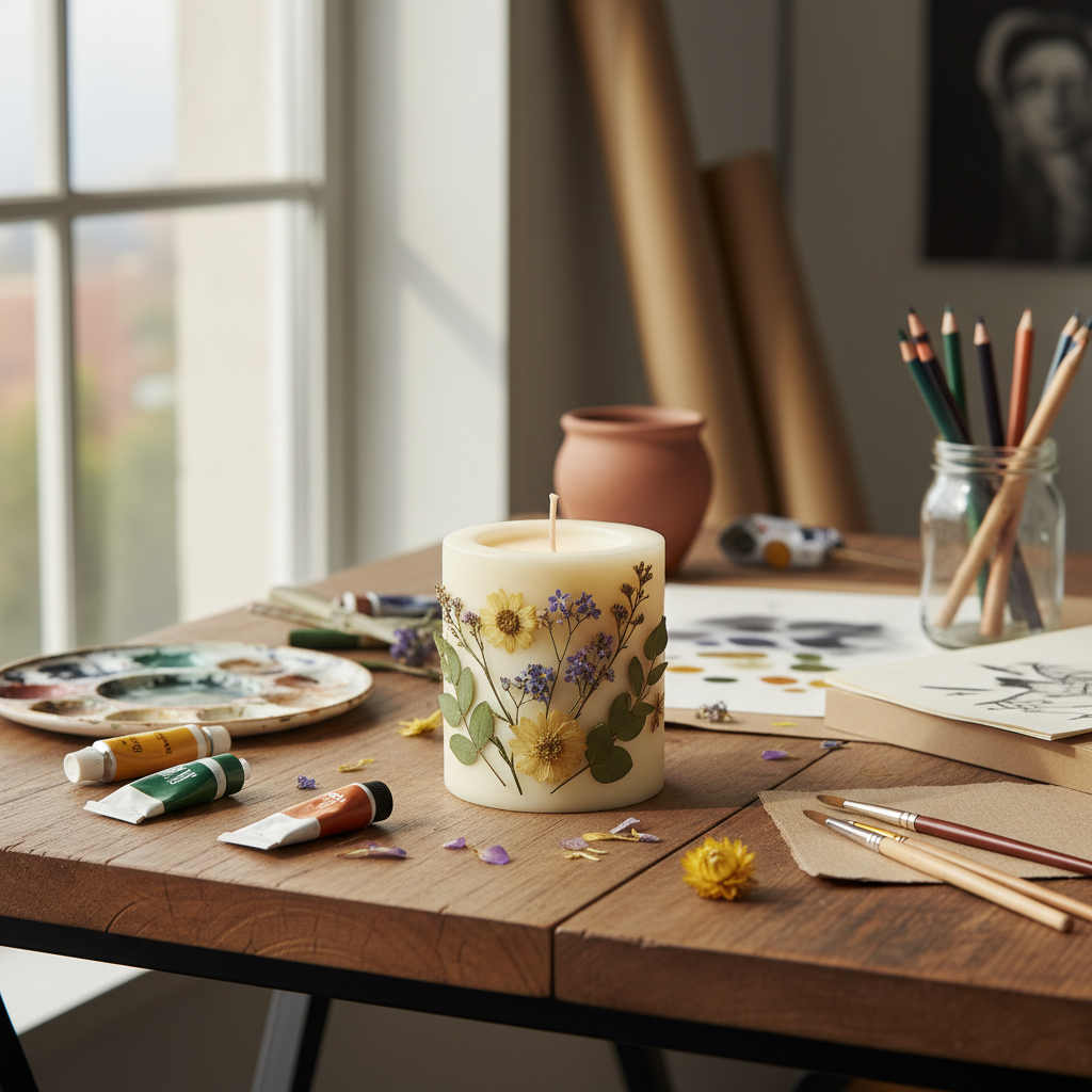 handmade candle decorated with dried flowers