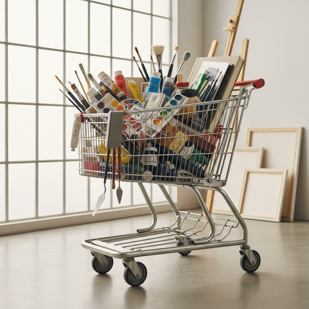 shopping cart filled with art supplies
