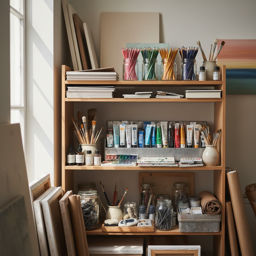 organized art studio shelves