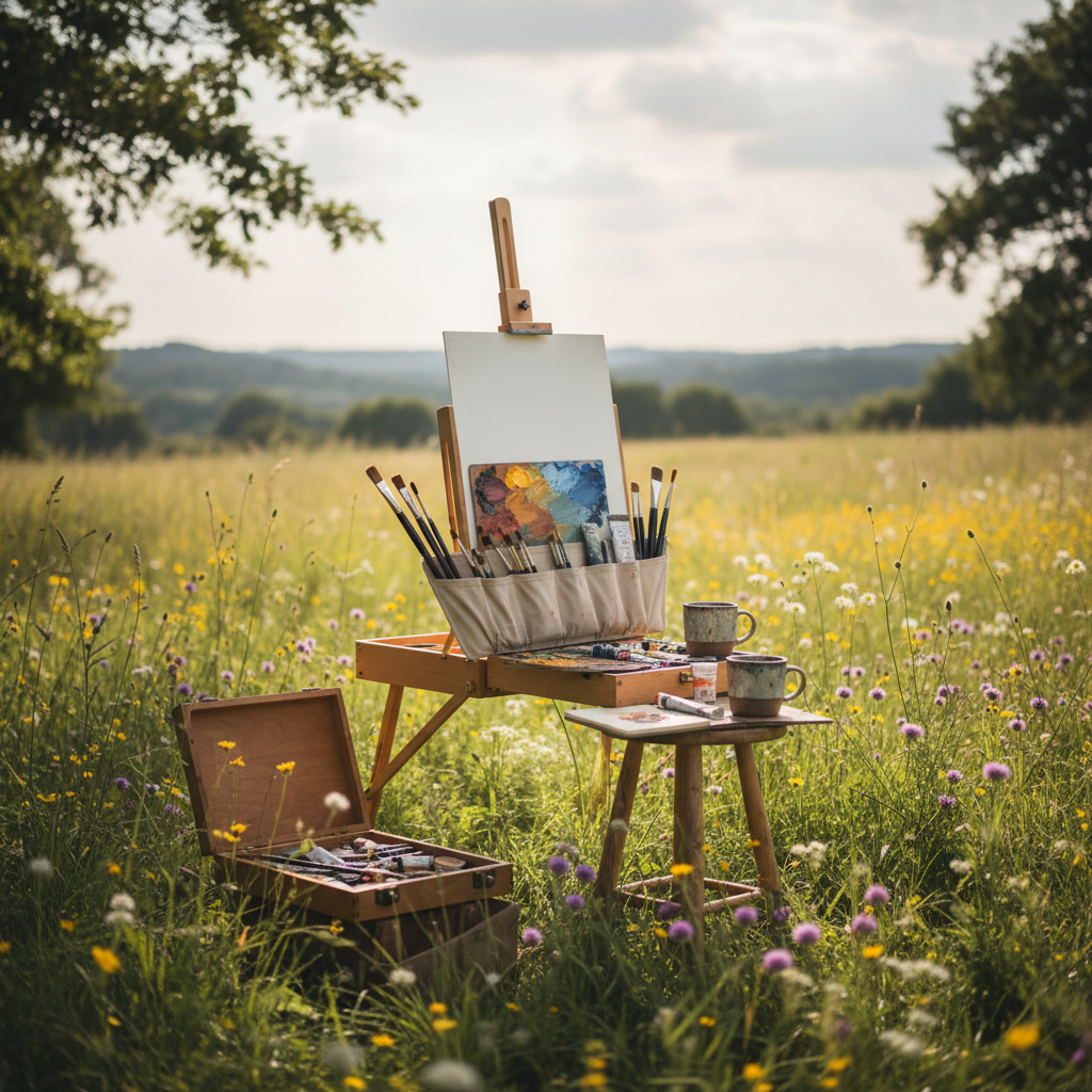 easel set up in a meadow