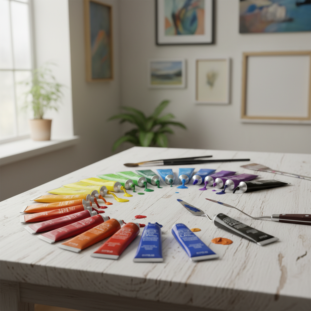 oil paint tubes arranged by color
