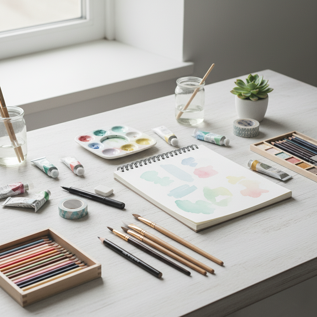 various art tools spread out