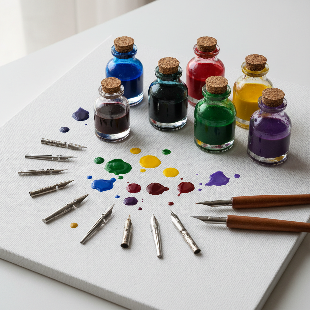 bottles of colored ink and calligraphy nibs