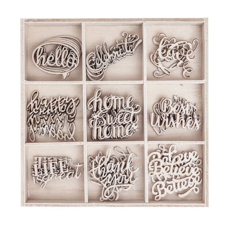 Set di ornamenti decorativi in legno Words - 45 pezzi