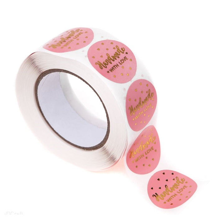 Adesivi in rotolo Fatti a mano con amore rosa 500 pz.