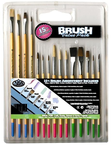 Set di 15 pennelli assortiti manico in legno confezione risparmio