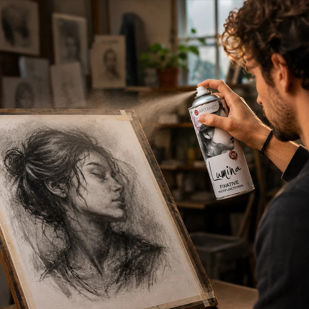 Un artista fissa un disegno a carboncino con lo spray ARTMIE Lumina in atelier