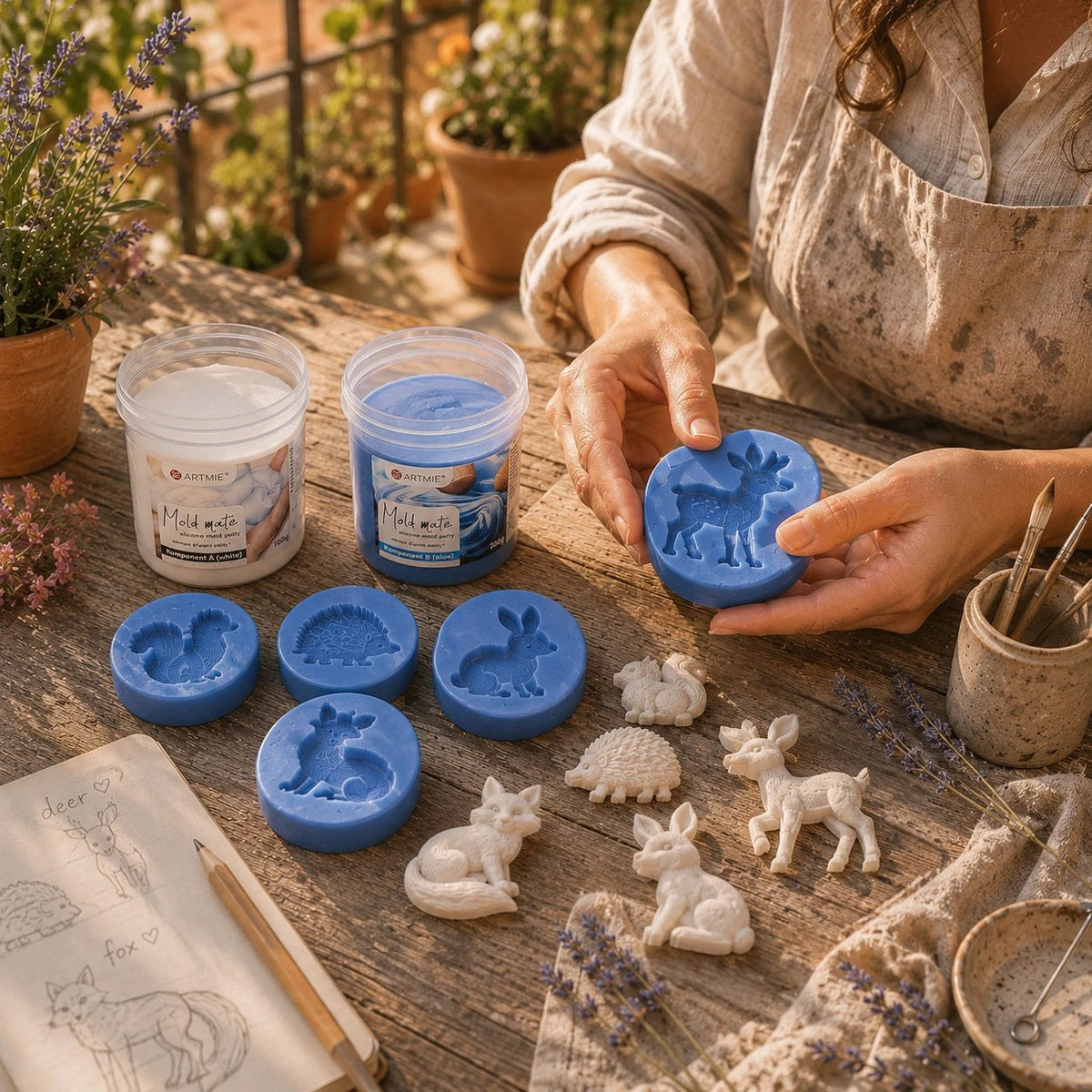Stampi pronti in ARTMIE Mold Mate e animaletti in gesso colati al loro interno