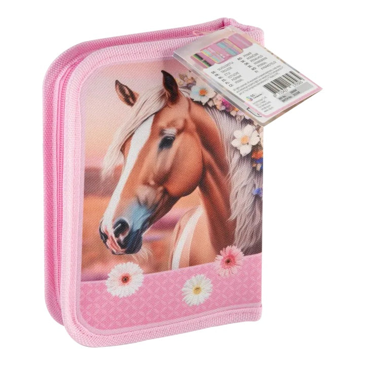 Astuccio per matite con ripieno di cavalli 28 pezzi Design cavallo rosa