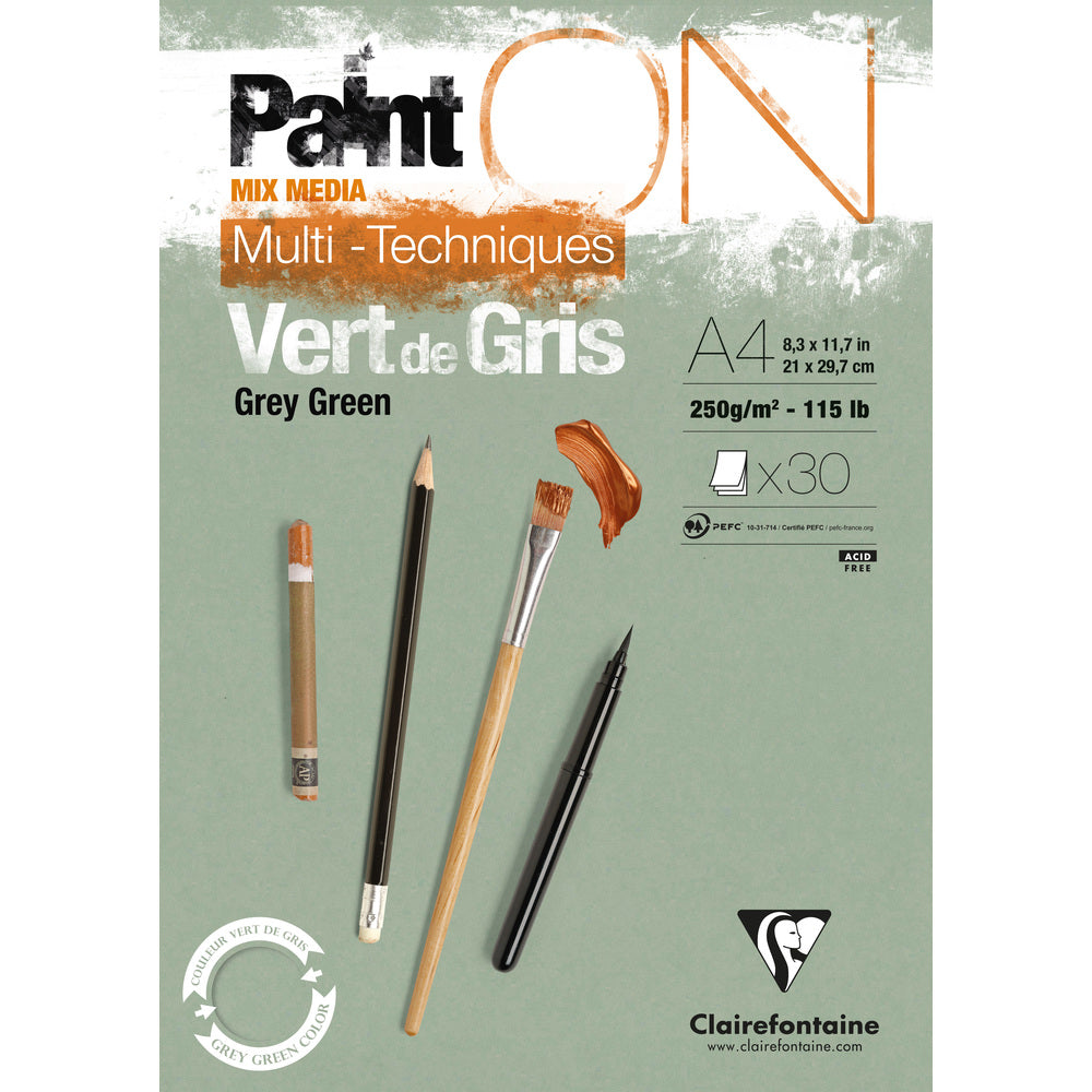 Blocco incollato Clairefontaine Paint'On Mix Media 250 g – 30L A4 Grigio Verde