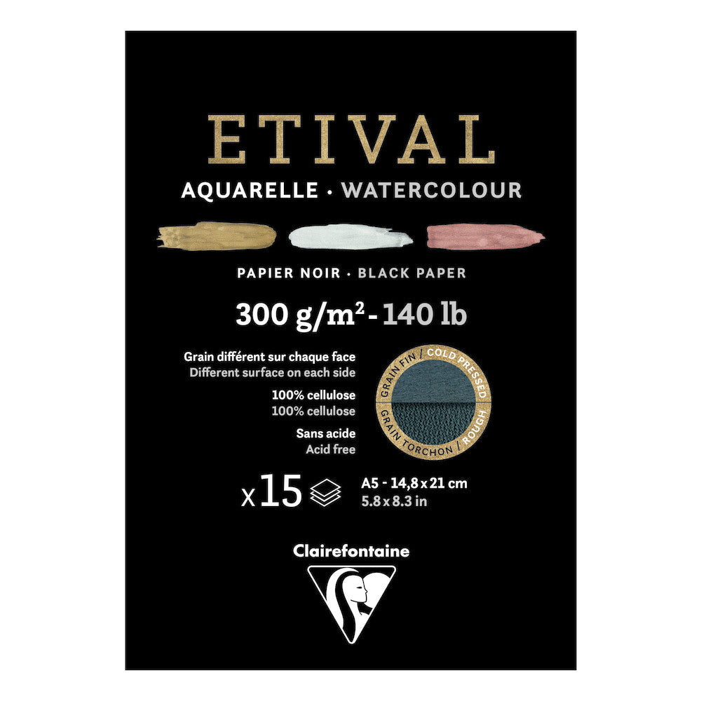 Blocco per acquerello Clairefontaine Étival CP R 300 g 15fg incollato Black