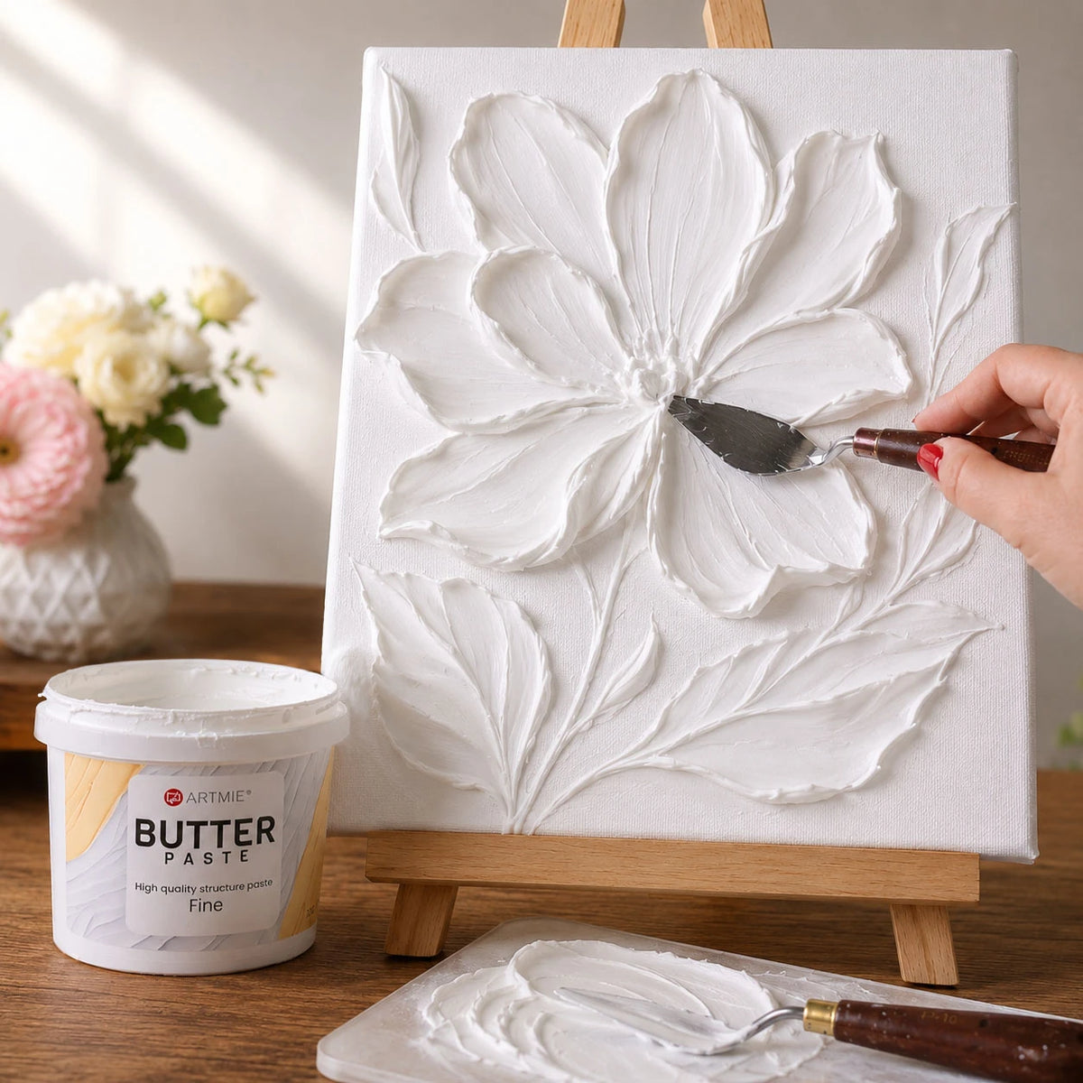 Quadro floreale in rilievo 3D realizzato con pasta texturizzante ARTMIE Butter Fine