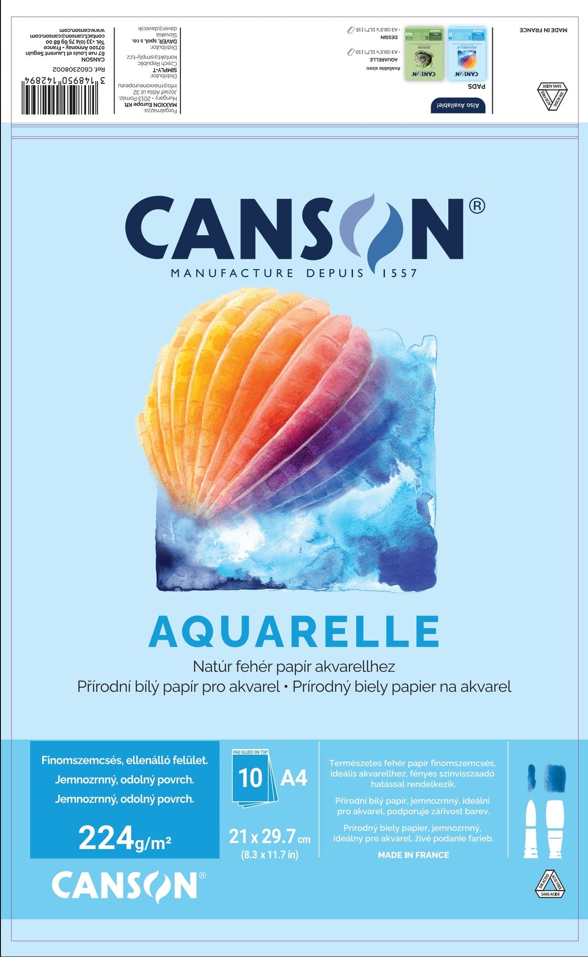 Canson blocco per acquerello CP 224 g/m² 10 fogli A4 incollato