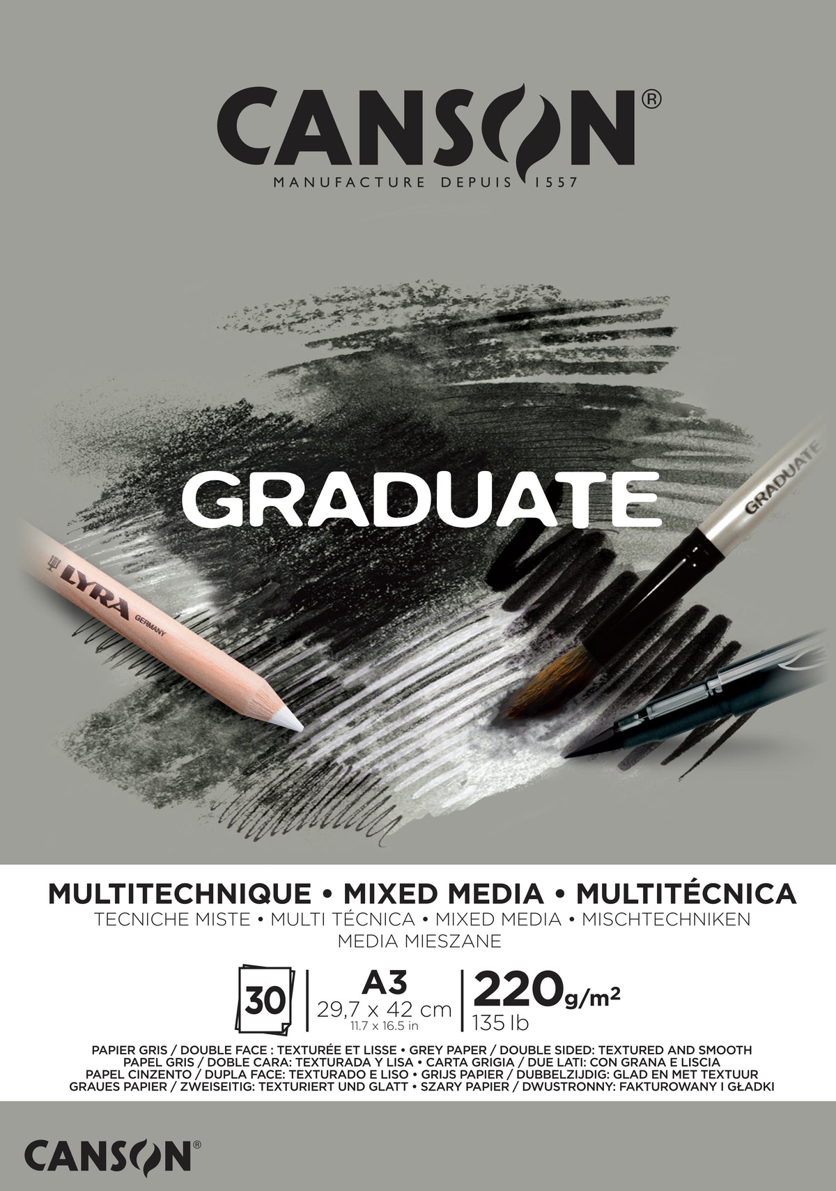 CANSON Graduate Mix Media blocco grigio 220 g A3, 30 fogli, collato
