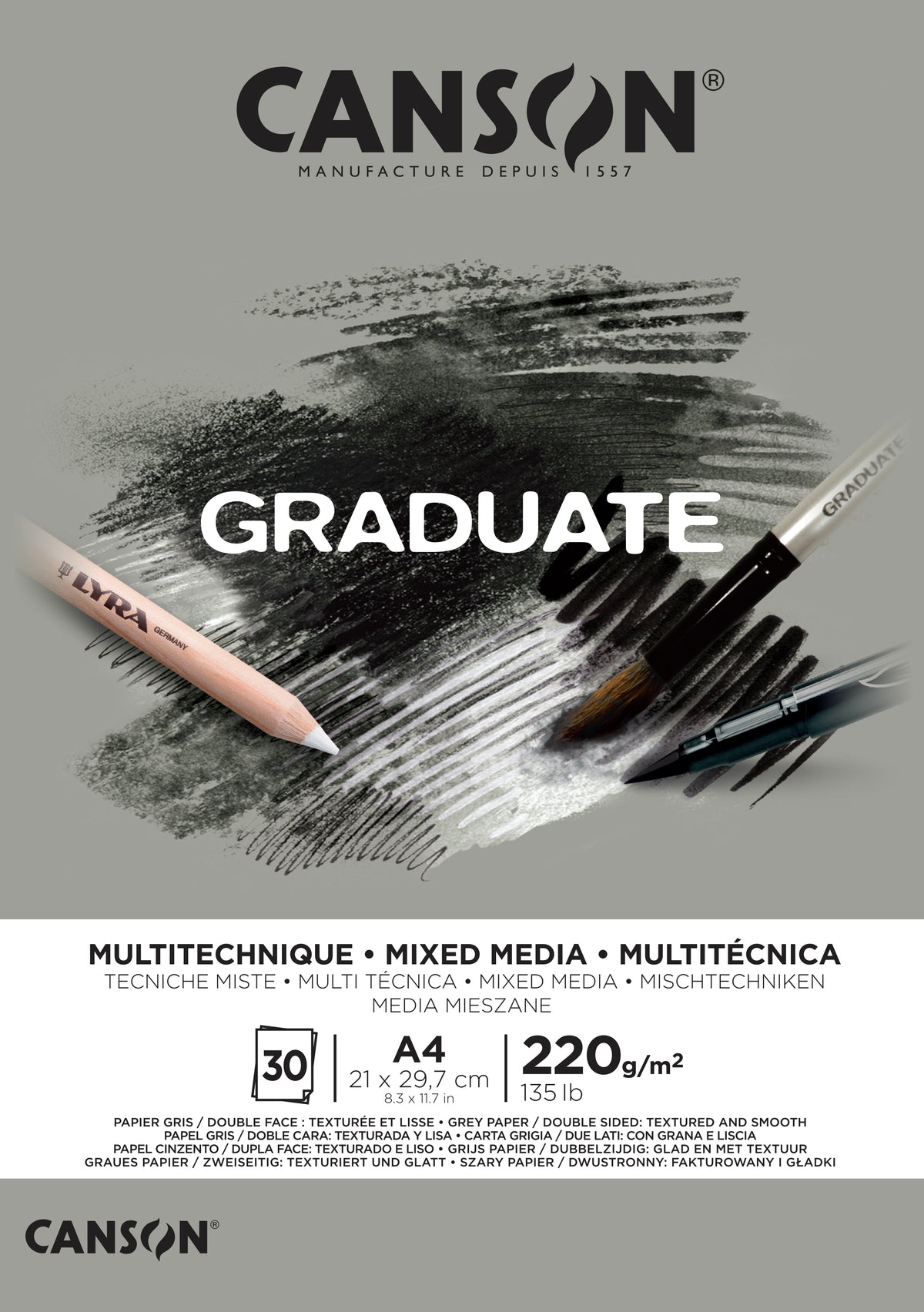 Canson Graduate Mix Media blocco Grey 220 g/m² - 30 fogli, A4, collato