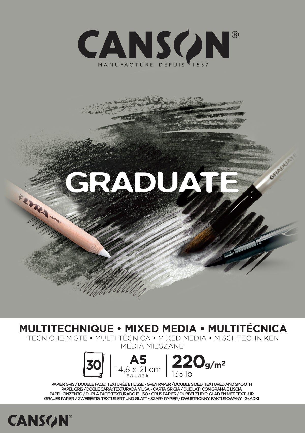 CANSON Graduate Mix Media blocco grigio 220 g A5 - 30 fogli incollato