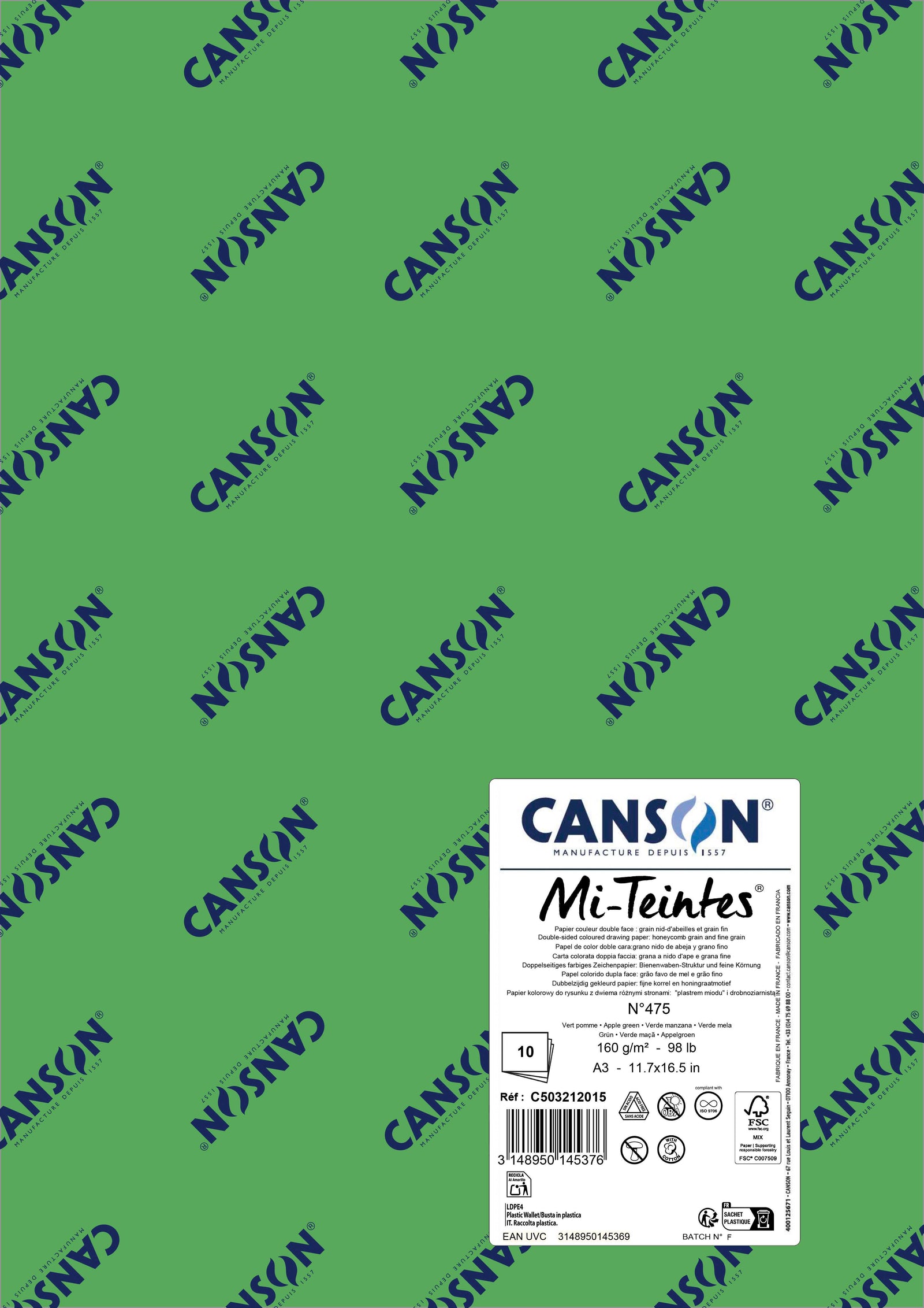Carta per pastello Canson Mi-Teintes A3 160 g - 10 fogli – Verde mela 475