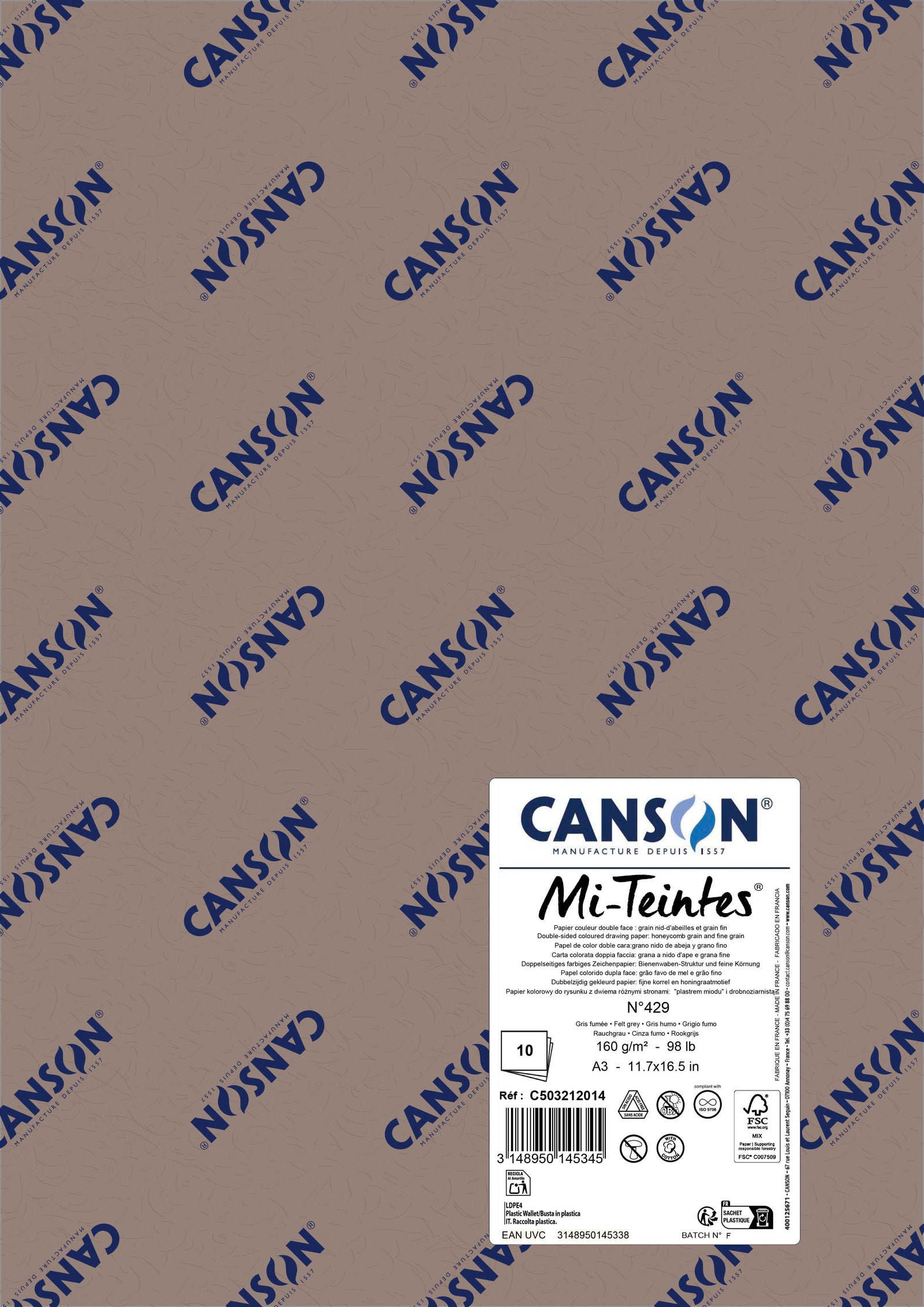Carta per pastello Canson Mi-Teintes A3 160 g - 10 fogli – Grigio feltro 429