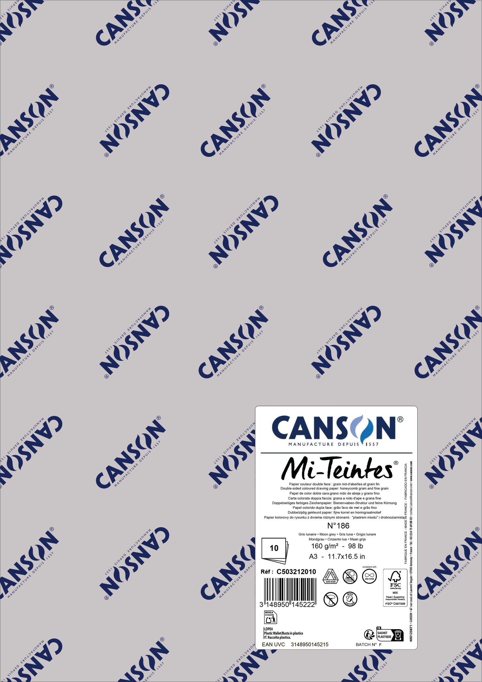 Carta per pastello Canson Mi-Teintes A3 160 g - 10 fogli – Grigio luna 186