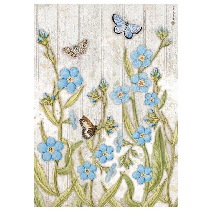 Carta di riso A4 blu - fiori e farfalle blu