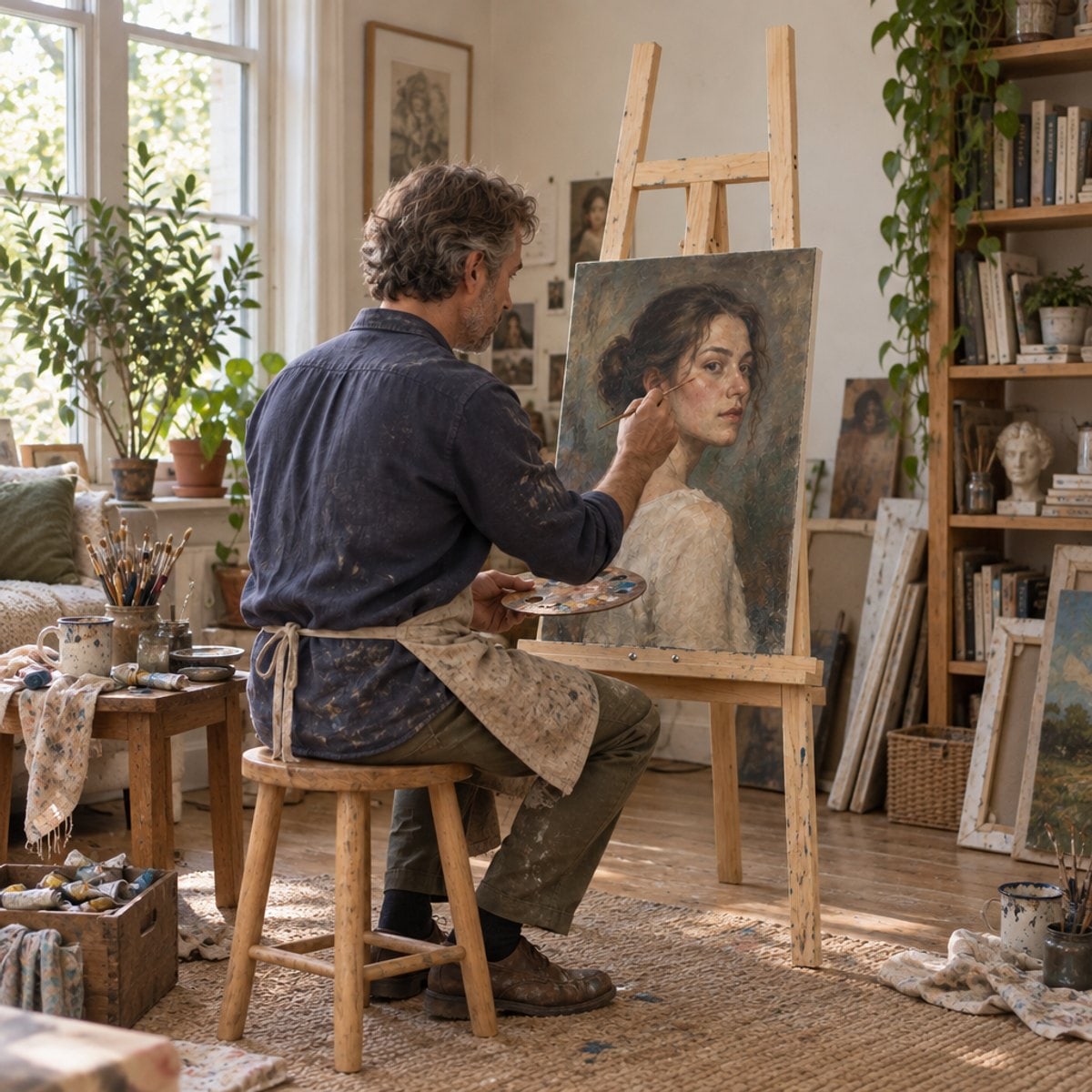 Cavalletto ACADEMY in soggiorno — pittura di un ritratto a olio