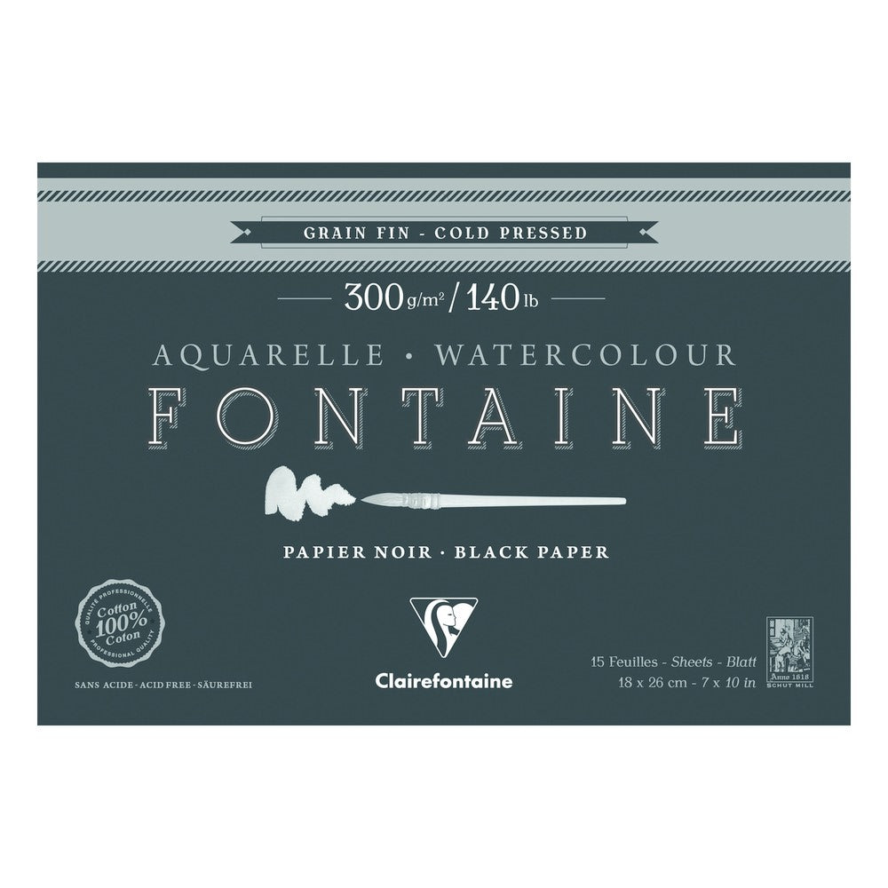 Clairefontaine Fontaine blocco per acquerello CP Black 300 g 15F x 26 cm incollato su 4 lati – 18