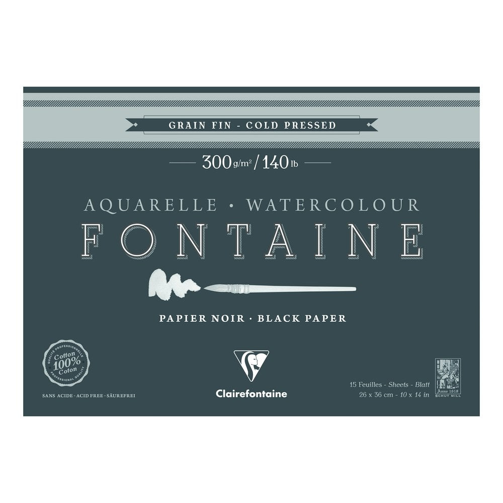 Clairefontaine Fontaine blocco per acquerello CP Black 300 g 15F x 26 cm incollato su 4 lati – 36