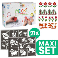 Collezione di stencil per bambini 21 pezzi + set di colori a dita MUCKI