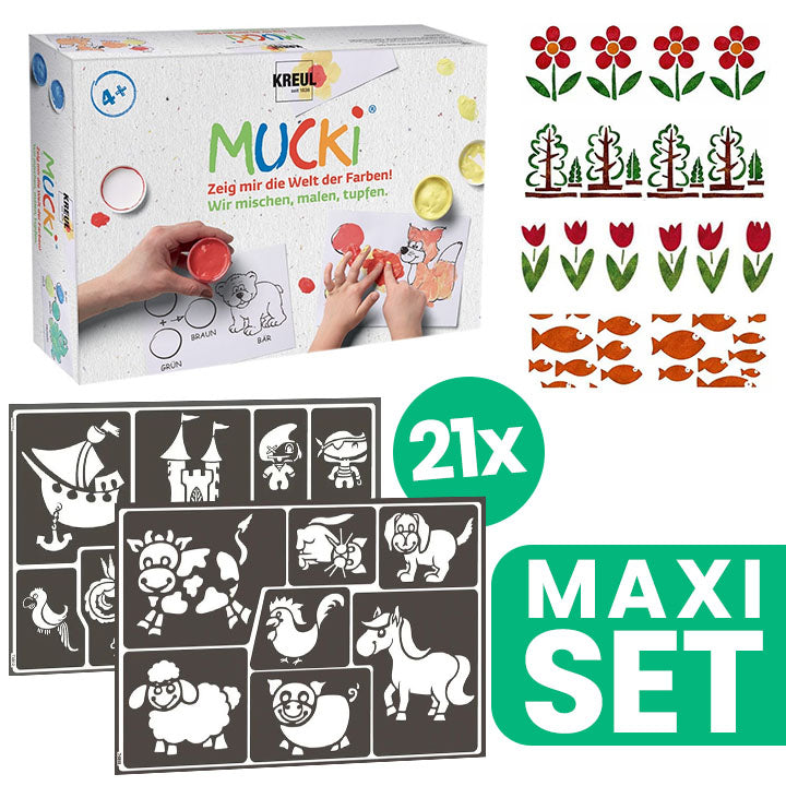 Collezione di stencil per bambini 21 pezzi + set di colori a dita MUCKI