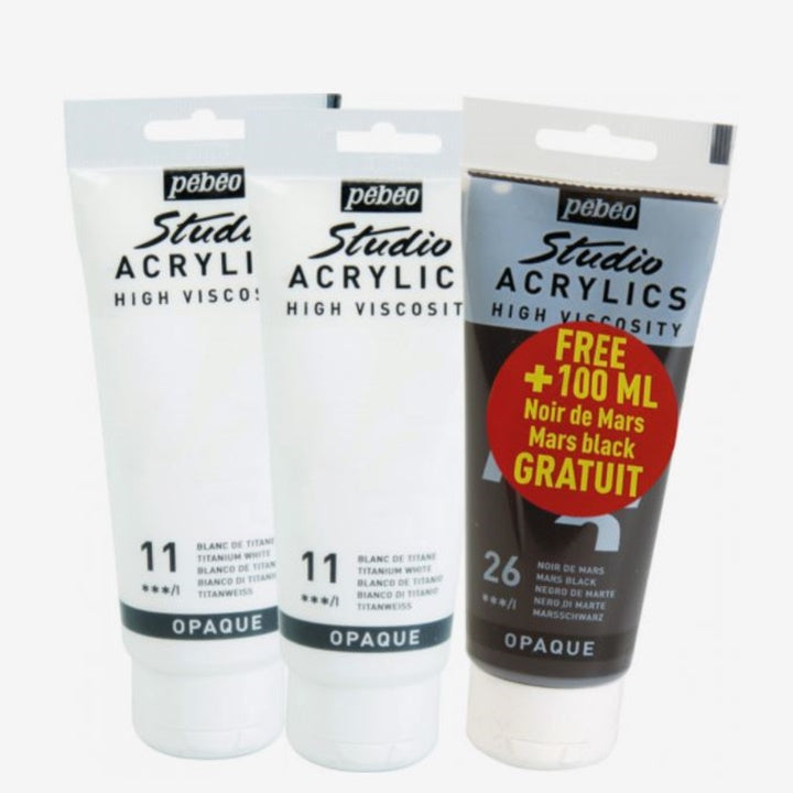 Colori acrilici Pebeo Studio Acrilico - bianco e nero in un set - 3 x 100 ml