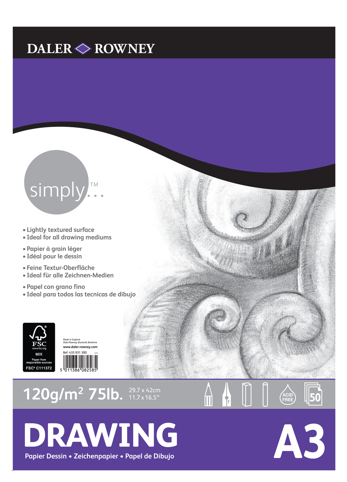 Blocco da disegno DALER ROWNEY Simply A3, 120 g, 50 fogli incollato