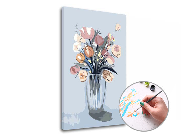 Dipingere con i numeri BOUQUET ROSA IN UN VASO – sul telaio