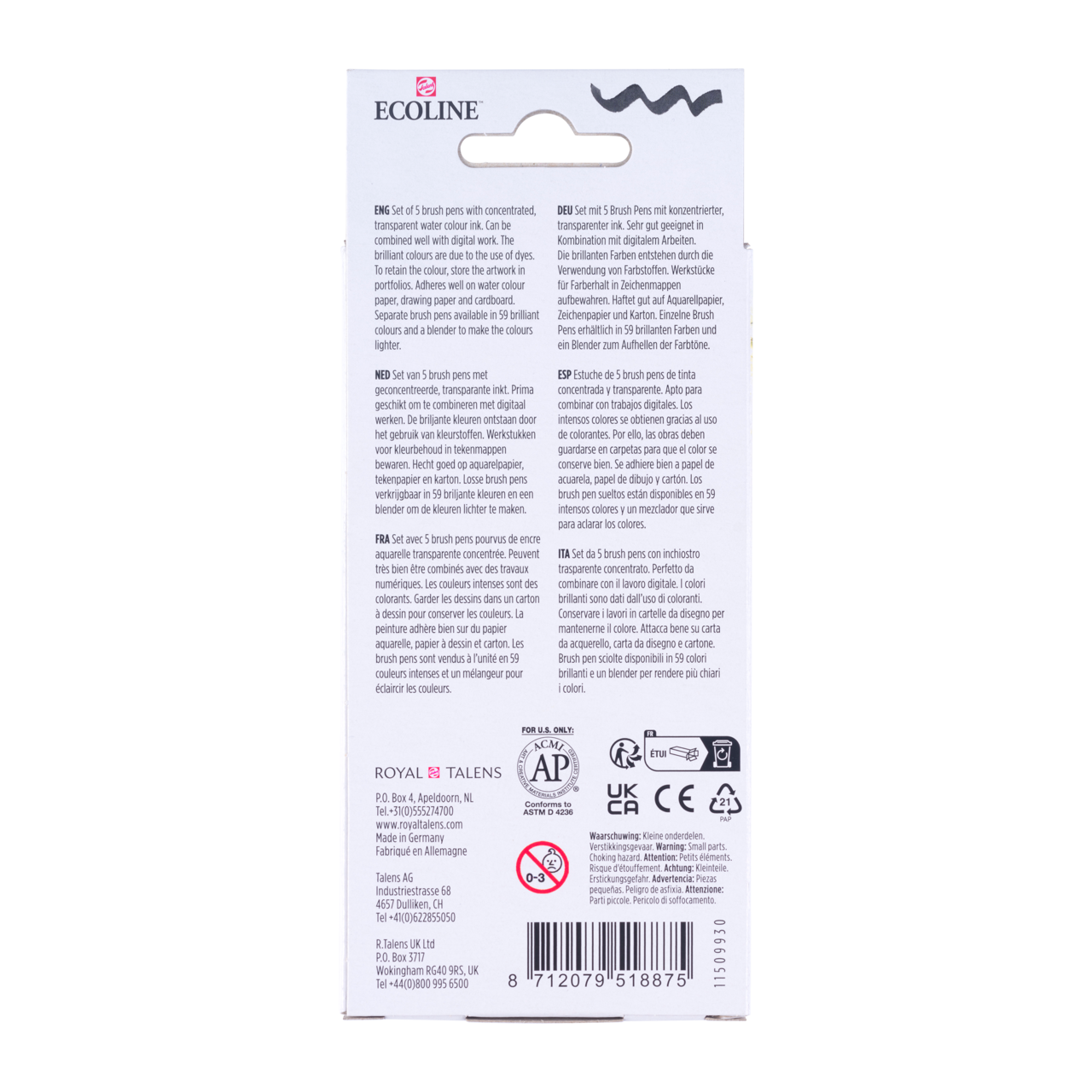 ROYAL TALENS Ecoline set di pennarelli acquerellabili brush pen PRIMARY 5 colori