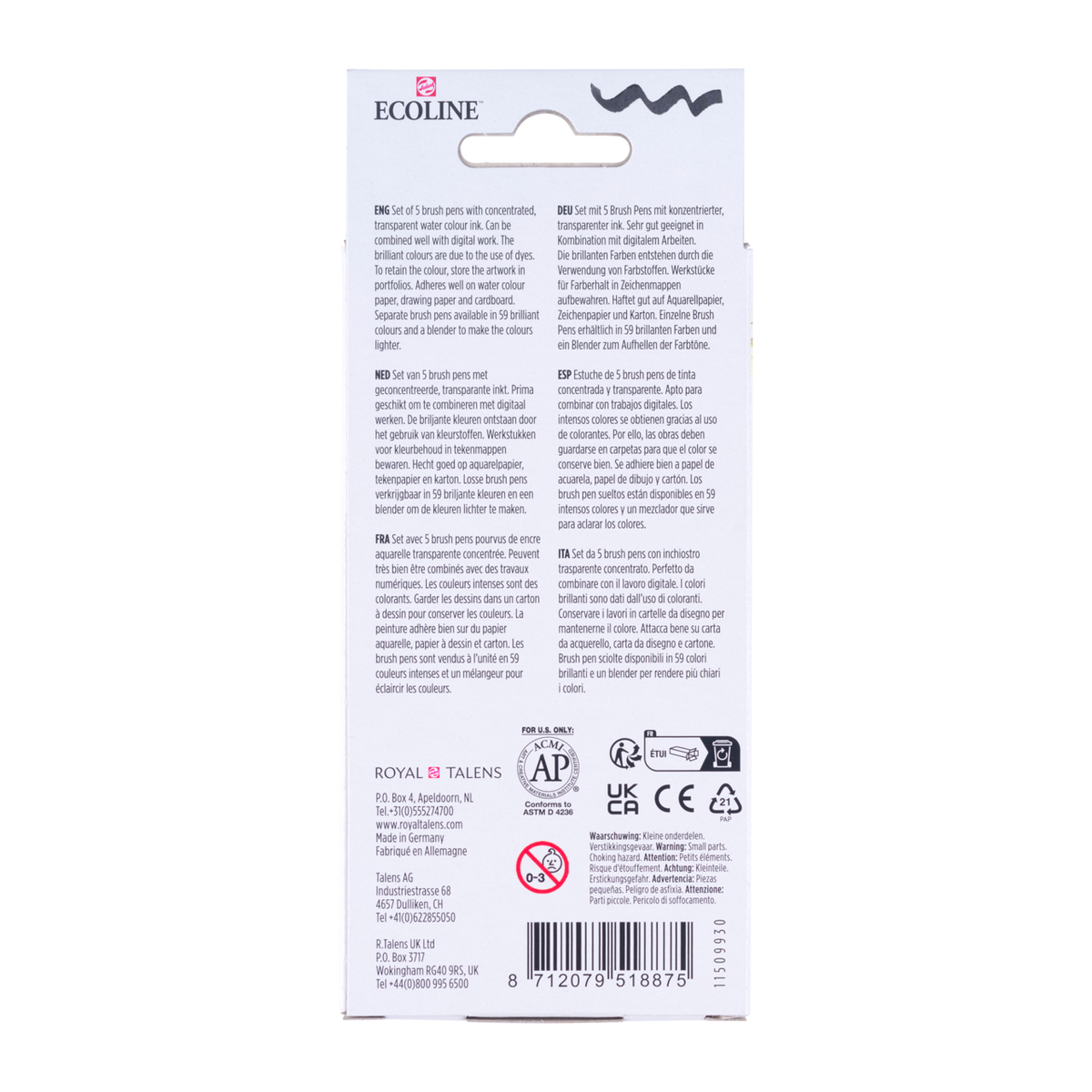 ROYAL TALENS Ecoline set di pennarelli acquerellabili brush pen PRIMARY 5 colori