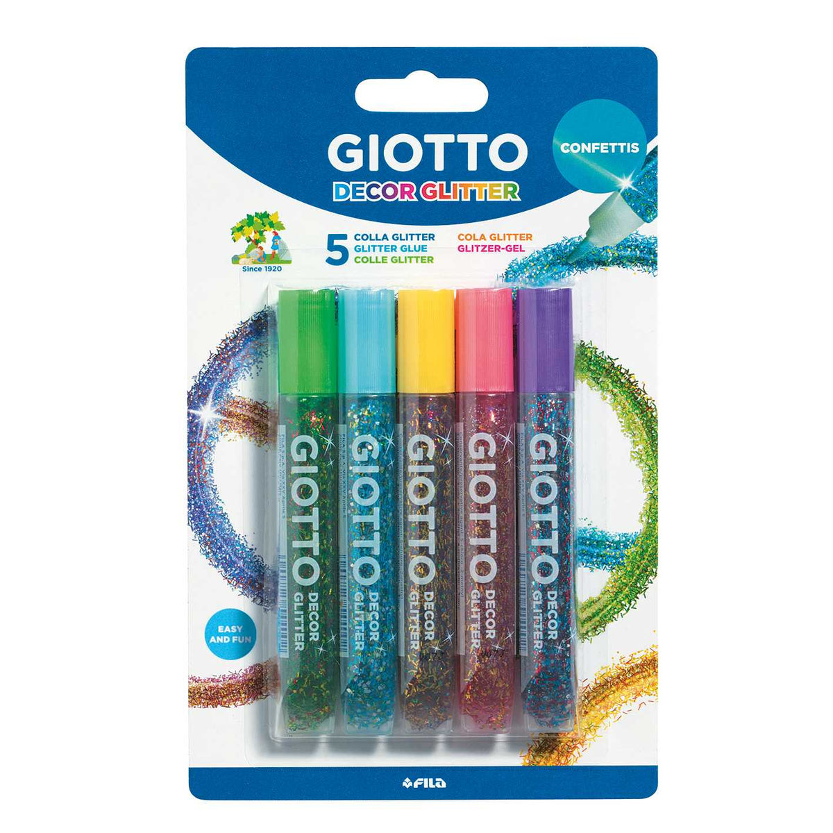 GIOTTO Glitter Glue colla glitterata con coriandoli 5 x 10 g