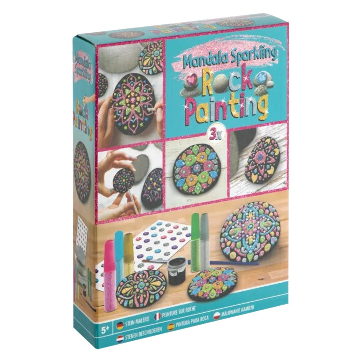 Kit di pittura su roccia Mandala - 3 pietre e colori glitterati