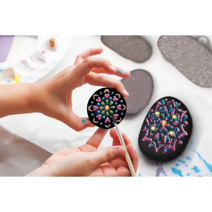 Kit di pittura su roccia Mandala - 3 pietre e colori glitterati