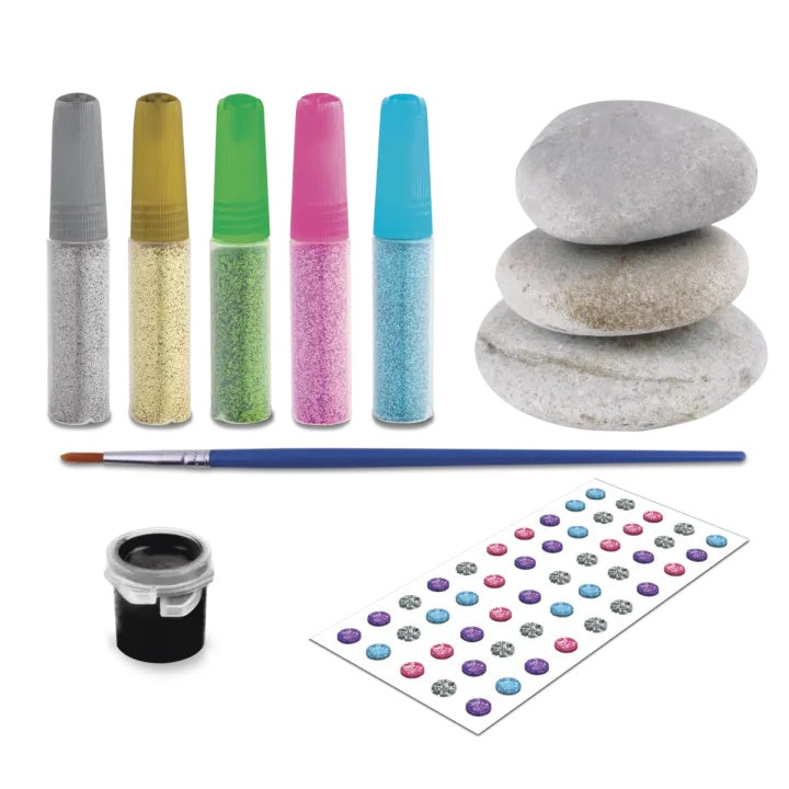 Kit di pittura su roccia Mandala - 3 pietre e colori glitterati