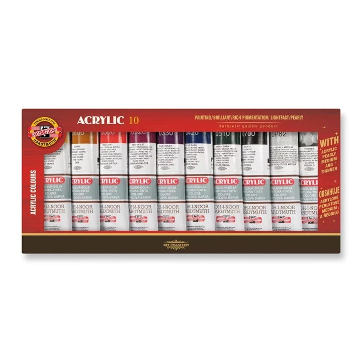 KOH-I-NOOR Acrylic 10 - Set di colori acrilici con medium e diluente