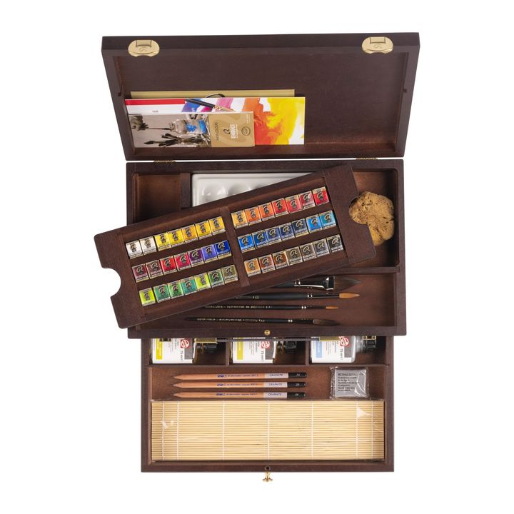 Lussuosa valigetta in legno per acquerelli Rembrandt Master 42 teglie galleggianti e 14 accessori