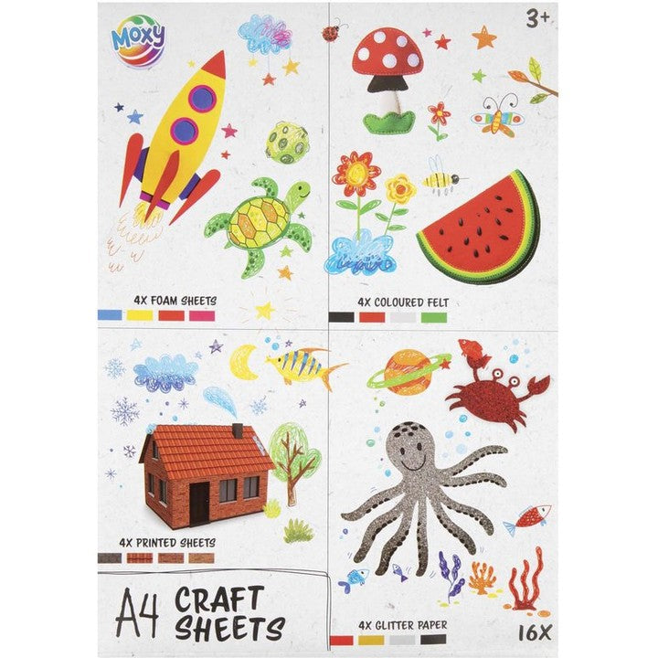MOXY Set di fogli A4 per l'artigianato - 16 pezzi di schiuma, feltro, glitter e carta stampata