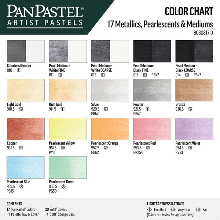 PanPastel Set di pastelli metallizzati e perlati con medium dorati - 17 pezzi
