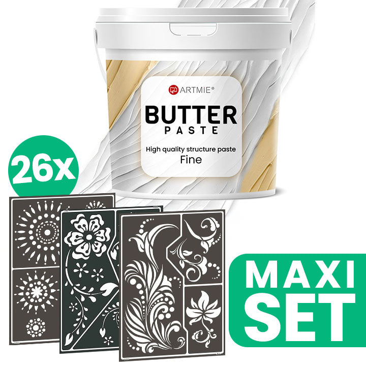 Pasta a rilievo ARTMIE BUTTER + set di stencil per pittura motivo FOLK ART - 26 pezzi