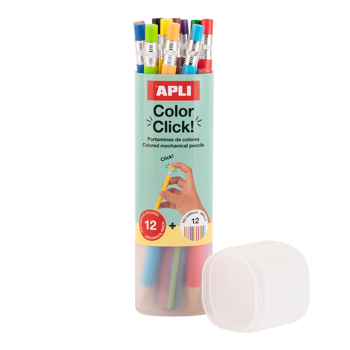 Pastelli a scatto APLI Color Click, 12 pz con mine di ricambio e temperamatite